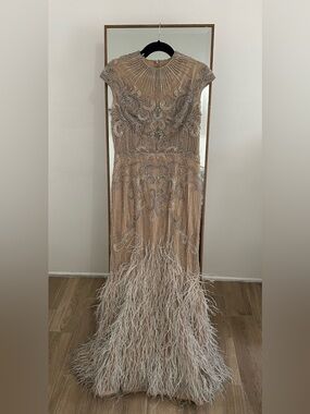 Terani Couture Nude Beaded Fringe Gown